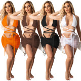 Hollow tube top bag hip drawstring three-piece bikini SZ8130