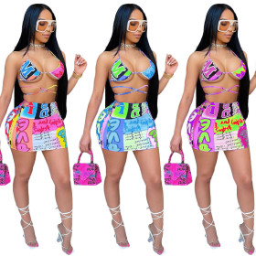 Printed strappy sexy split swimsuit bikini skirt suit AC8260