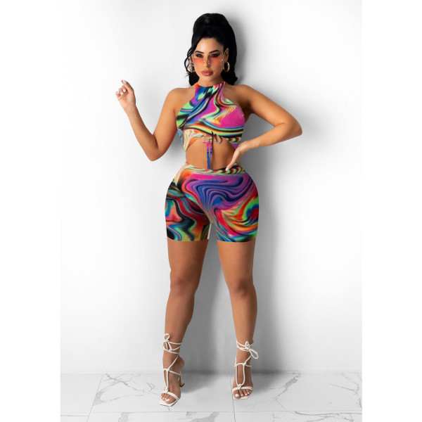 Pleated vest and shorts two-piece multicolor printed elastic pit strip two-piece suit PH1218