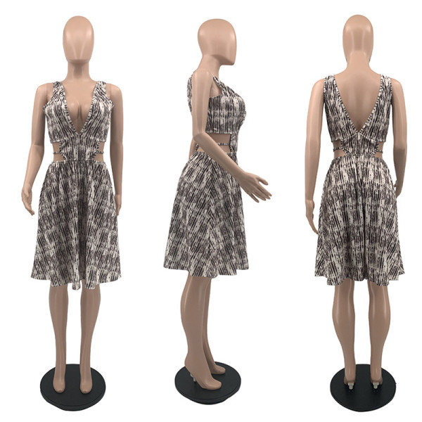 Fashion sexy fan-shaped print dress QS51009
