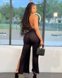 New style halter neck tie deep V split pit strip jumpsuit Y81333