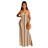 Sexy colorful striped dress, backless strappy nightclub dress F95