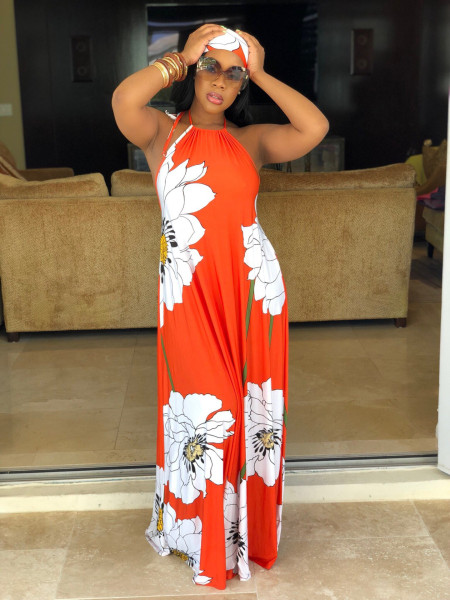 Lotus print strapless dress with turban M901