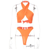 New Women's Sexy Cross Halter Solid Color Swimsuit Bikini Set S155276W