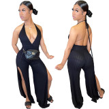 New style halter neck tie deep V split pit strip jumpsuit Y81333