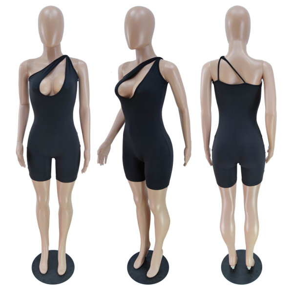 New sexy slanted shoulder hollow solid color jumpsuit BN7191