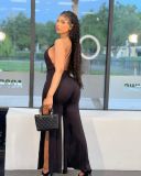 New style halter neck tie deep V split pit strip jumpsuit Y81333