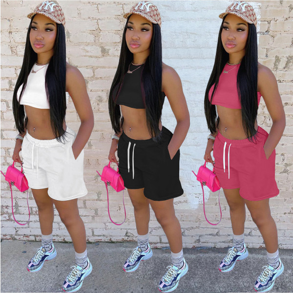 Fashion solid color pocket shorts, sports and leisure vest, sweater suit HT6069