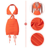 Drawstring on both sides of the tube top bag hip folds halter sexy dress SZ8131