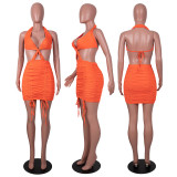 Drawstring on both sides of the tube top bag hip folds halter sexy dress SZ8131