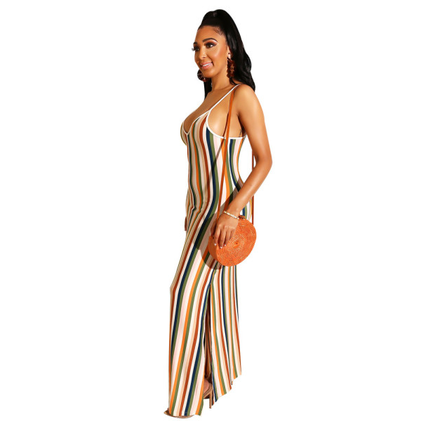 Sexy colorful striped dress, backless strappy nightclub dress F95