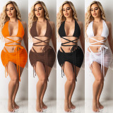 Hollow tube top bag hip drawstring three-piece bikini SZ8130