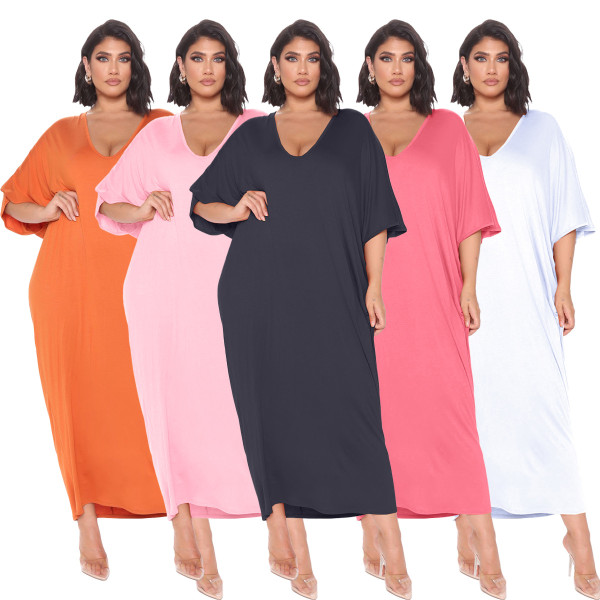 Sexy fashion solid color deep V loose dress casual dress YX9289