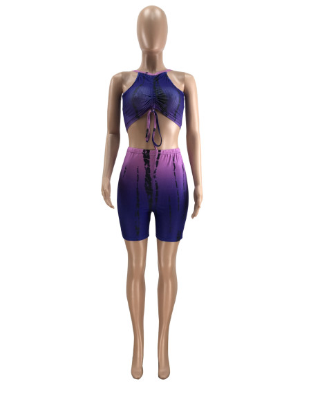 Pleated vest and shorts two-piece multicolor printed elastic pit strip two-piece suit PH1218