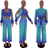 Gradient Printed Lace-up Wrapped Wide Leg Pants Bat Sleeve Two-piece Suit Y1325