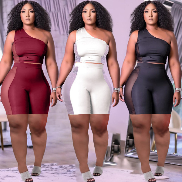 Fashion mesh splicing sports and leisure two-piece shorts suit HT6073