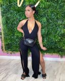 New style halter neck tie deep V split pit strip jumpsuit Y81333