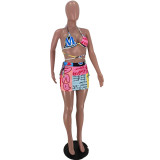 Printed strappy sexy split swimsuit bikini skirt suit AC8260
