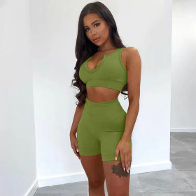 Sexy solid color deep V thickened threaded sports two-piece suit YX9281