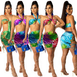 Digital printed halter neck wrap chest right lace-up skirt suit AC8266