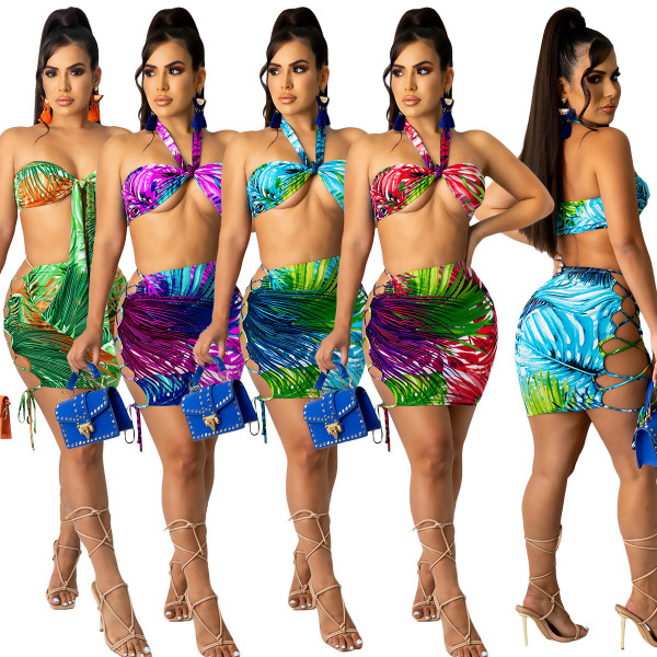 Digital printed halter neck wrap chest right lace-up skirt suit AC8266