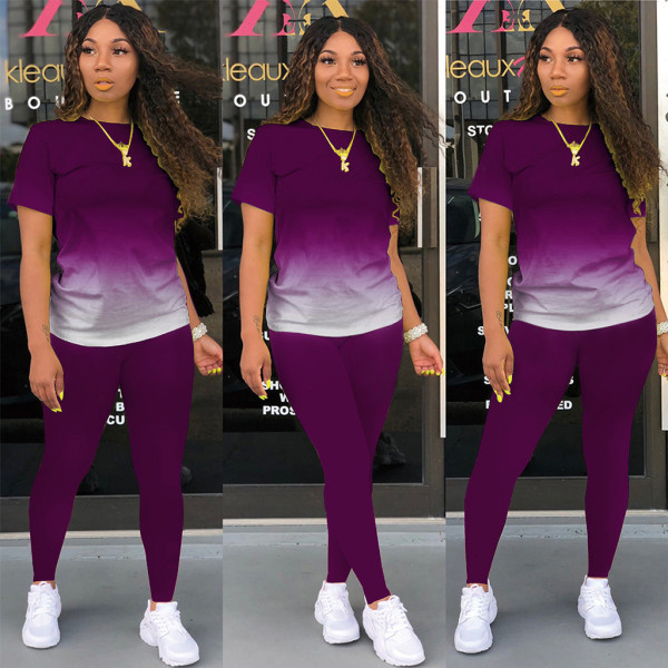 Classic casual solid color gradient long and short sleeve two-piece suit M1135