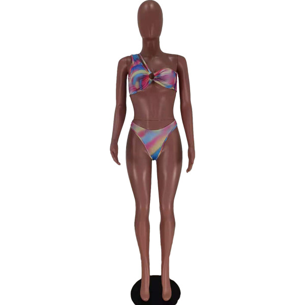 Oversized tie-dye one-shoulder split sexy bikini top Y1321