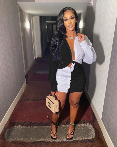 Casual pocket contrast shirt button skirt two-piece suit HT6062