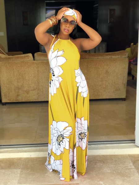 Lotus print strapless dress with turban M901