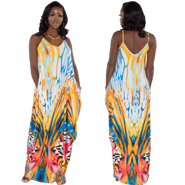 Positioning digital printing loose sling pocket dress plus size women's clothing Y81330