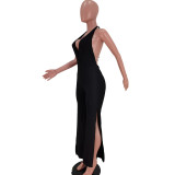 New style halter neck tie deep V split pit strip jumpsuit Y81333