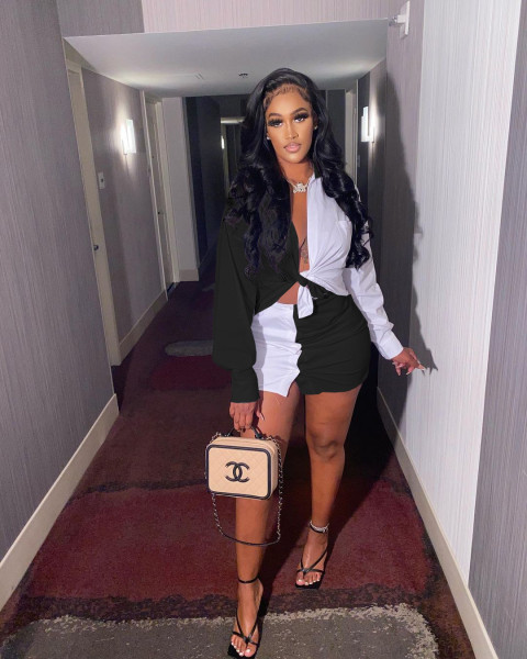 Casual pocket contrast shirt button skirt two-piece suit HT6062