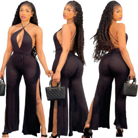 New style halter neck tie deep V split pit strip jumpsuit Y81333
