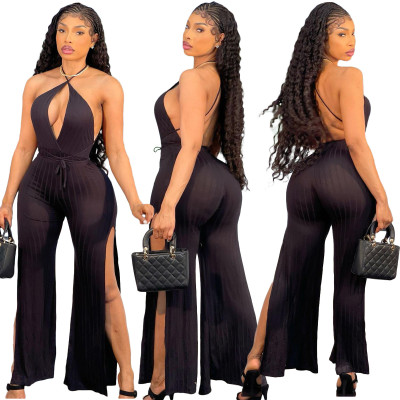 New style halter neck tie deep V split pit strip jumpsuit Y81333