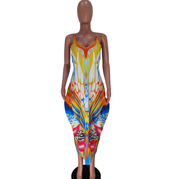 Positioning digital printing loose sling pocket dress plus size women's clothing Y81330