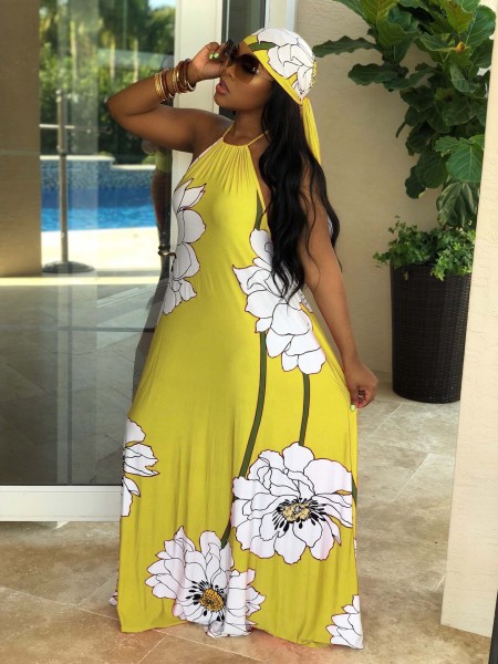Lotus print strapless dress with turban M901