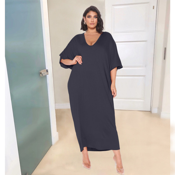 Sexy fashion solid color deep V loose dress casual dress YX9289