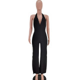 New style halter neck tie deep V split pit strip jumpsuit Y81333