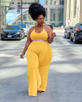 Solid color ruffled tie halterneck jumpsuit YX9288