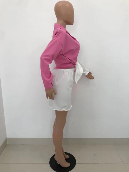 Casual pocket contrast shirt button skirt two-piece suit HT6062