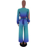 Gradient Printed Lace-up Wrapped Wide Leg Pants Bat Sleeve Two-piece Suit Y1325