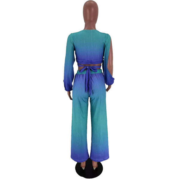 Gradient Printed Lace-up Wrapped Wide Leg Pants Bat Sleeve Two-piece Suit Y1325