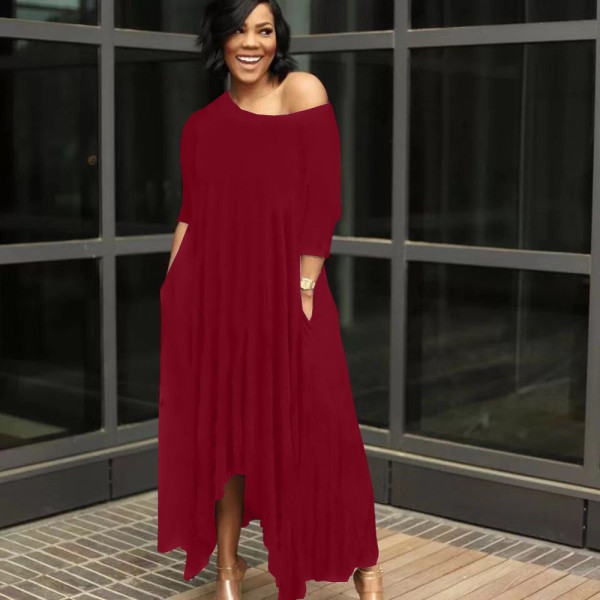Solid color irregular off-the-shoulder dress YX9283