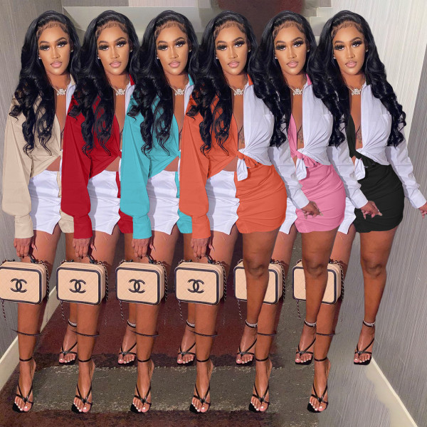 Casual pocket contrast shirt button skirt two-piece suit HT6062