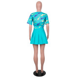 Digital skull print loose button shirt pleated fashion sexy two-piece skirt SZ8120