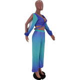 Gradient Printed Lace-up Wrapped Wide Leg Pants Bat Sleeve Two-piece Suit Y1325