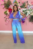Gradient Printed Lace-up Wrapped Wide Leg Pants Bat Sleeve Two-piece Suit Y1325