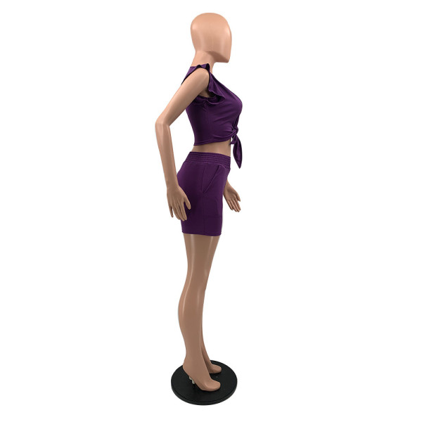 Sexy two-piece suit with solid color lotus leaf sleeves QS51013