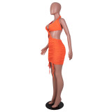 Drawstring on both sides of the tube top bag hip folds halter sexy dress SZ8131
