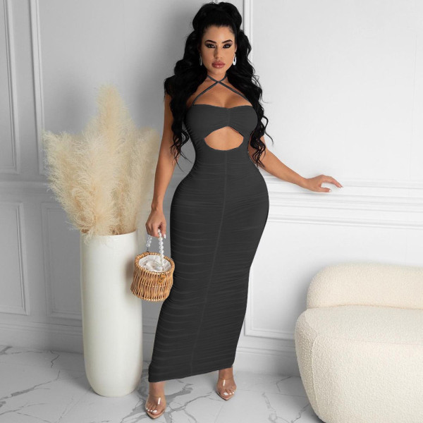 Pure color sling pleated hole dress long skirt QS5082